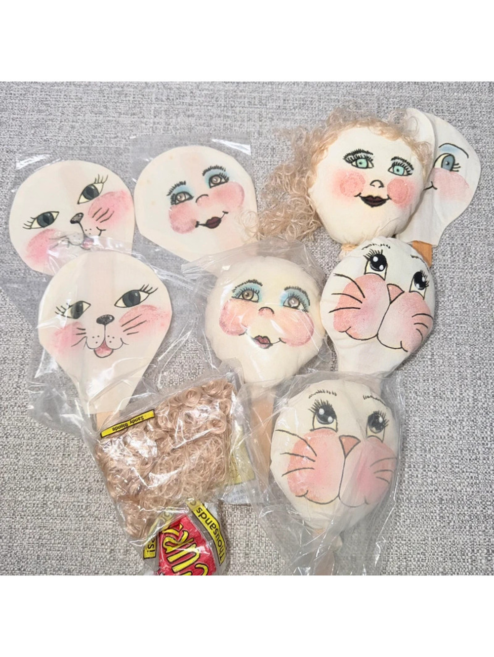 Vintage New Old Stock Hand Painted Doll Faces Cat Heads Craft Fabric Doll Making